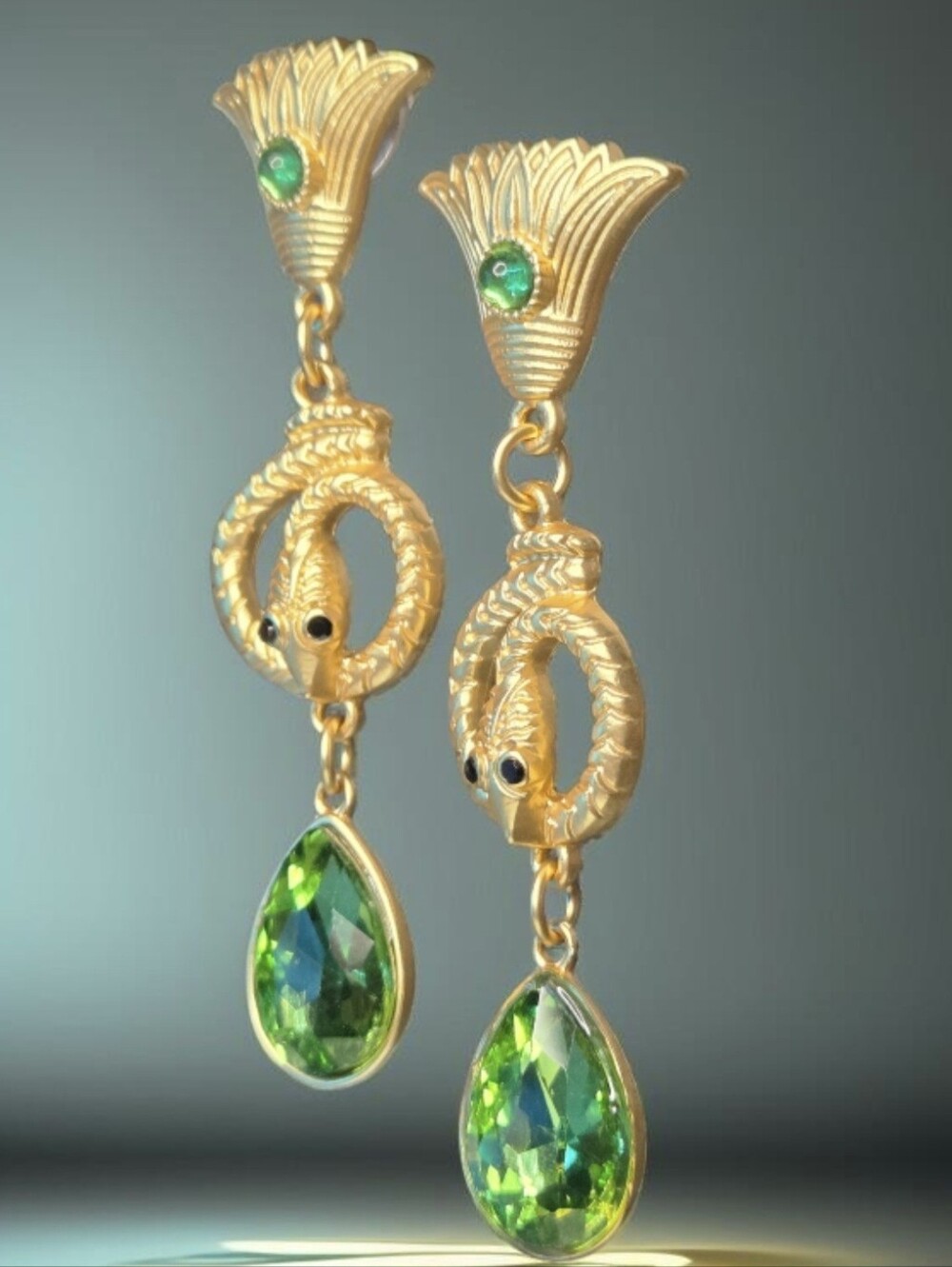 18k Matte Gold Plated Coiled Snake Green Crystal Drop Dangle Earrings - Picture 3 of 6
